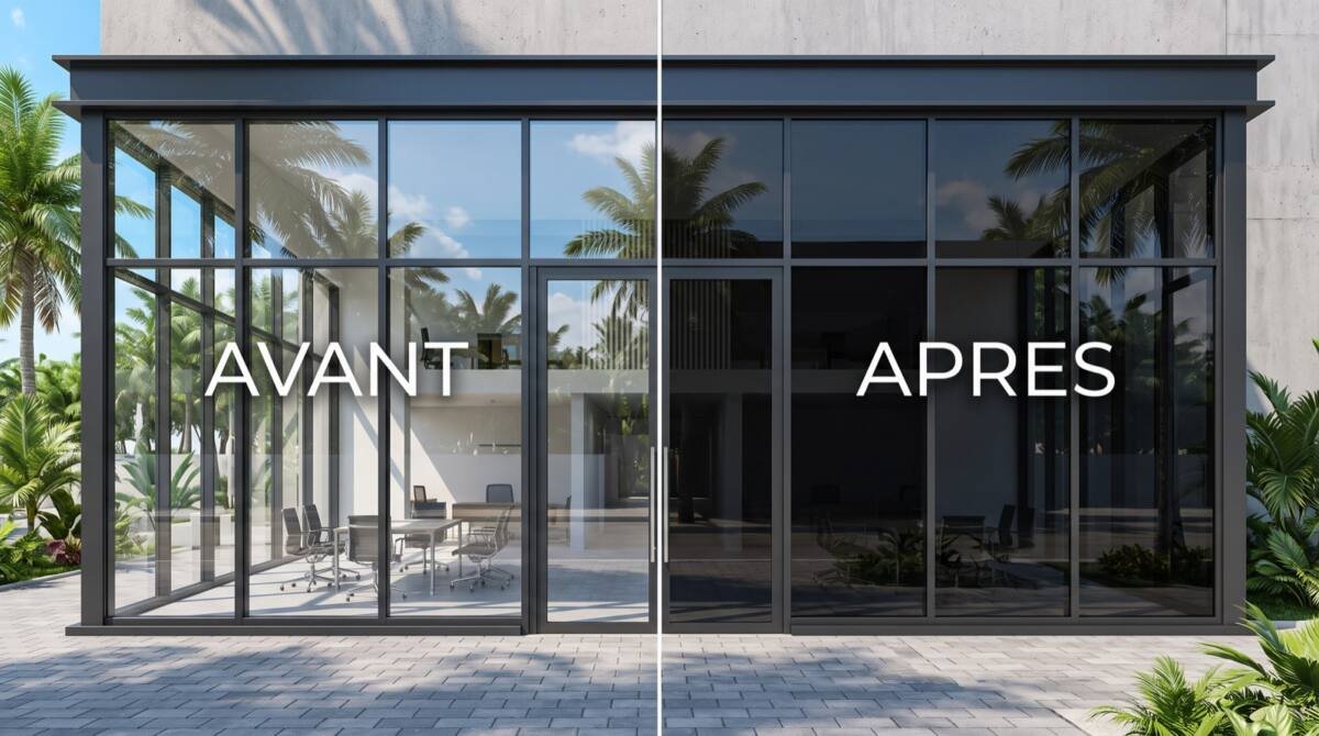 Façade vitrée de local professionnel avant et après film solaire