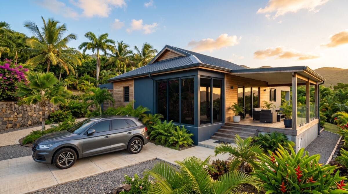 Voiture aux vitres teintées devant une maison créole aux baies vitrées teintées