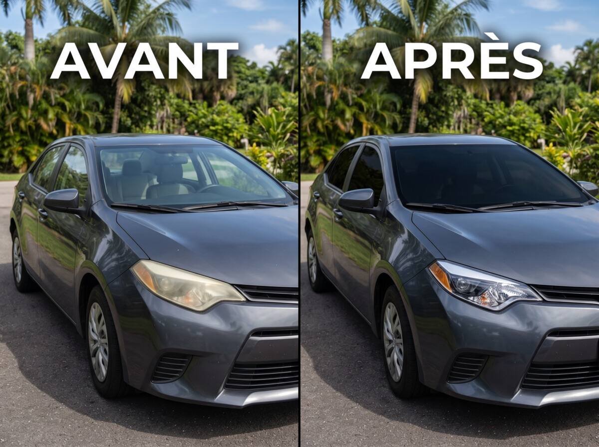 Photo avant / après : vitres teintées et phares rénovés sur un véhicule en Guadeloupe